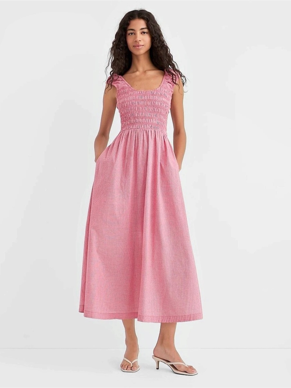 LOFT Gingham Smocked Cap Sleeve Midi Pocket Dress
